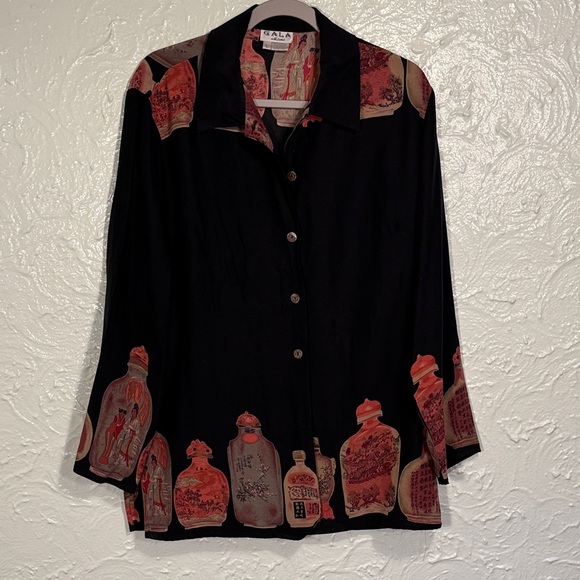 gala Tops - Black/red/tan Silk Women's Blouse